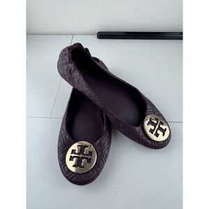 Tory Burch Minnie Travel Ballet Flats Dark Purple Leather‎ Logo Size 8.5